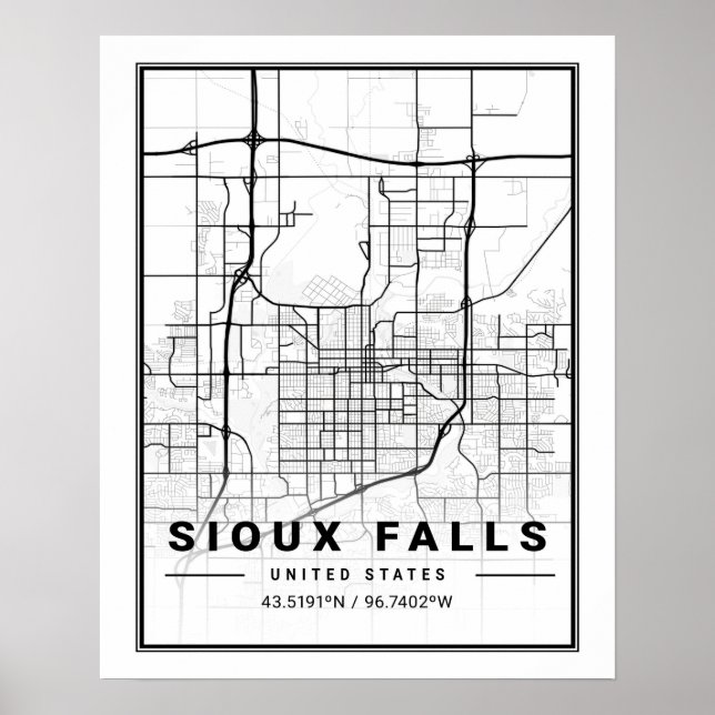Poster Sioux Falls South Dakota dos EUA Mapa de Cidade Vi (Frente)