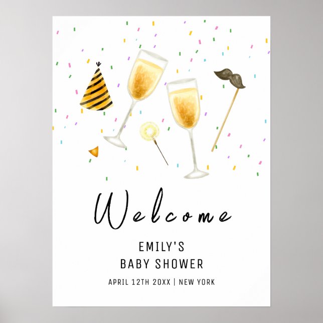 Poster Sip and See Sprinkle Champagne Chá de fraldas Welc (Frente)