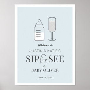 Poster Sip & Consulte Champagne Chá de fraldas Azul Bem-v