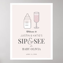 Poster Sip & Consulte Champagne Chá de fraldas rosa bem-v
