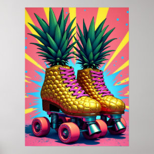 Poster Skate de Rolamentos de Abacaxi Retro Surreal Pop