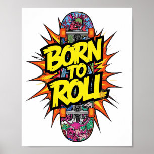 Poster Skateboard Vintage com Gráfico "Born to Roll"