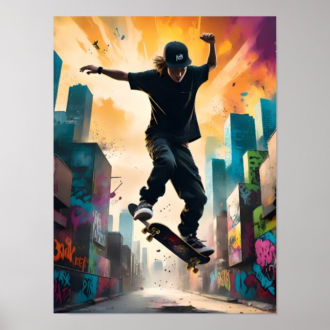 Poster Skateboarder em Voo - Truque dinâmico de Médio-ar (Frente)