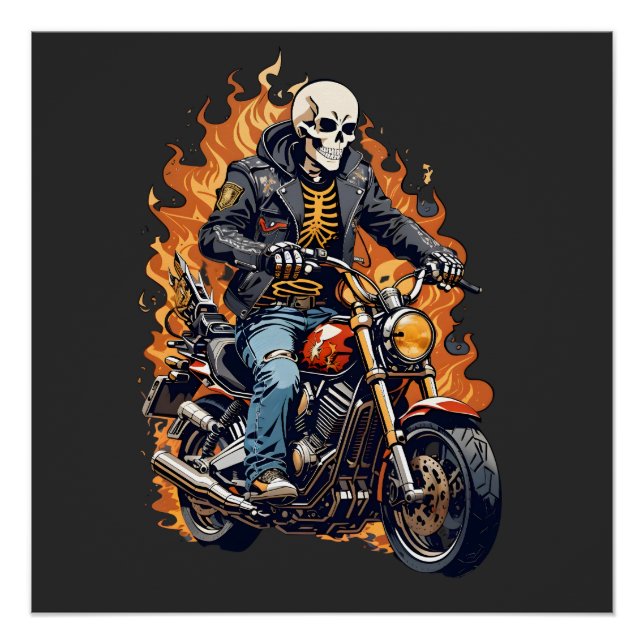 Póster Skeleton Biker | Motocicleta | Ciclagem Superior (Frente)