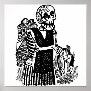 Poster "Skeleton carrying Fish" circa early 1900's Mexico