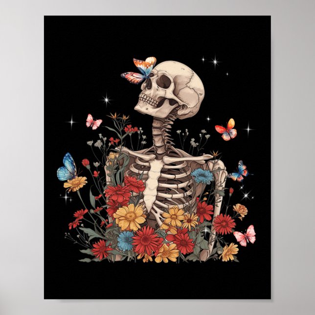 Poster Skeleton Flores Borboleta Floral Homens de Hallowe (Frente)