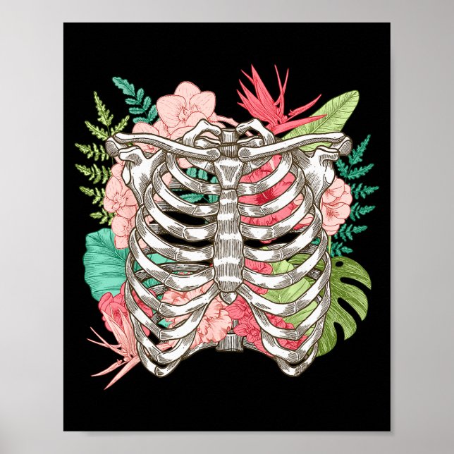 Poster Skeleton Flowers Rib Cage X-ray Funny Halloween  (Frente)