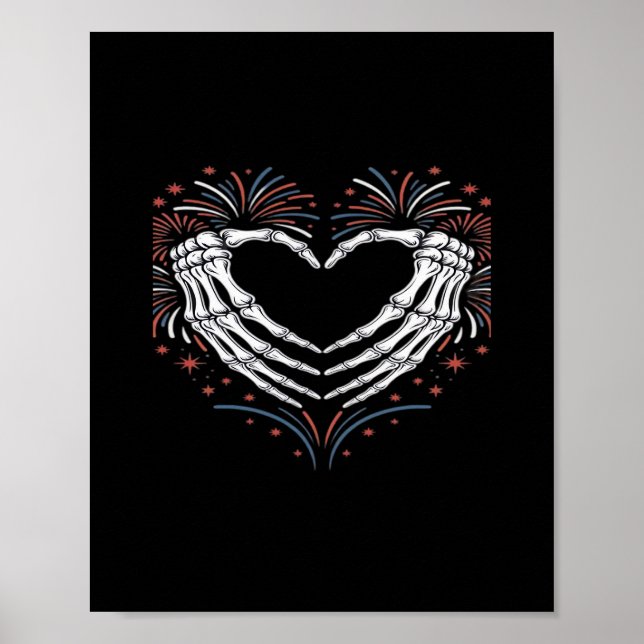 Poster Skeleton Hand Heart 4th Of Usa Patriotic American (Frente)