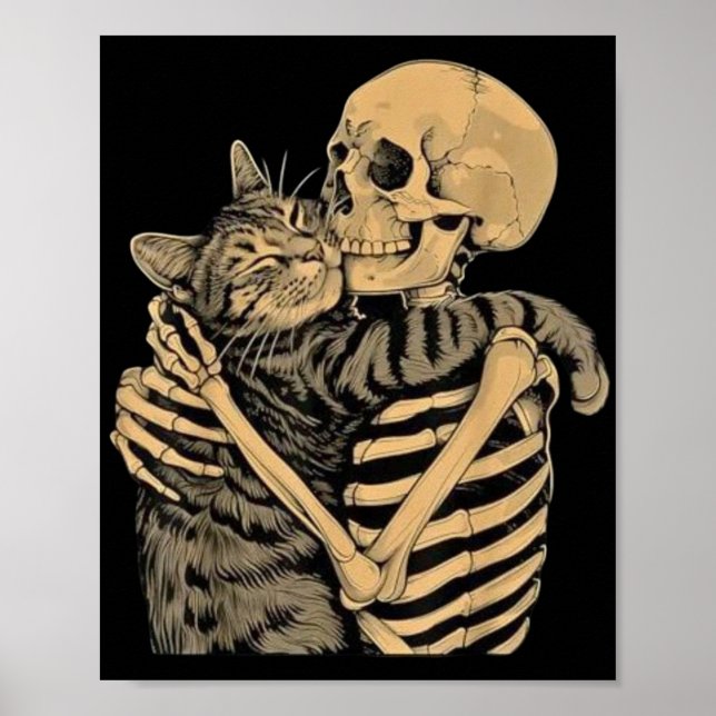 Poster  Skeleton Hugging Cat – Cute Gothic Cat Lover Gift (Frente)