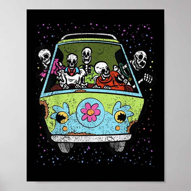 Poster Skeleton Riding Hippie Van Halloween Costume Retro (Frente)