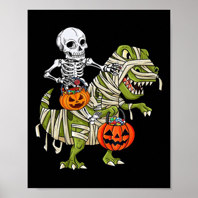 Poster Skeleton Riding Mummy Dinosaur T rex Halloween (Frente)