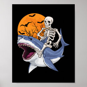 Poster Skeleton Riding Shark Dia de as Bruxas engraçado C