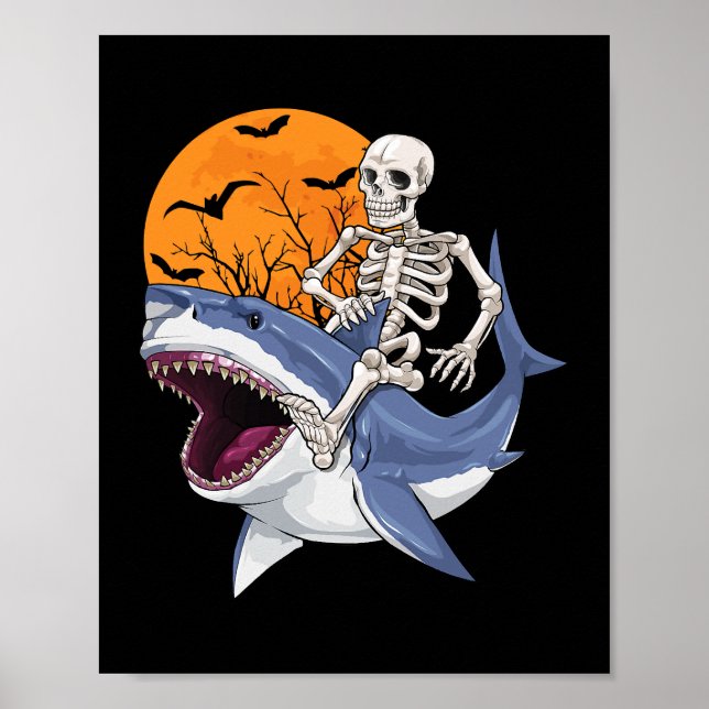 Poster Skeleton Riding Shark Dia de as Bruxas engraçado C (Frente)