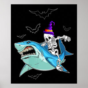Poster Skeleton Riding Shark Engraçado - Presente maluco