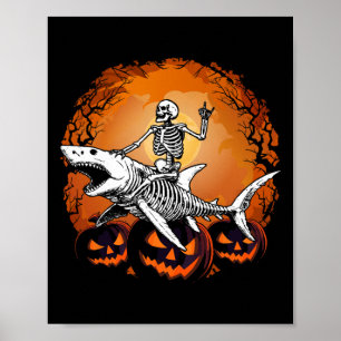 Poster Skeleton Riding Shark Lazy Halloween Costume Engra