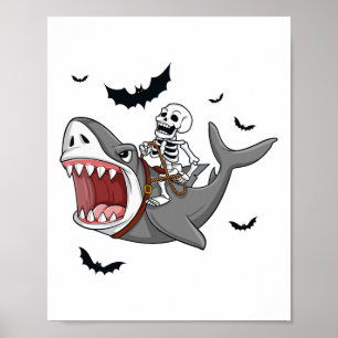 Poster Skeleton Riding Shark Scary Halloween Boys Garotas