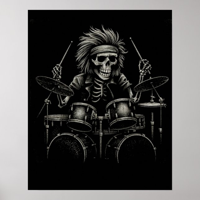 Poster Skeleton Rock Drummer - Música Spooky Halloween (Frente)
