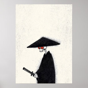 Poster Skeleton Samurai com Katana e Halloween do Chapéu