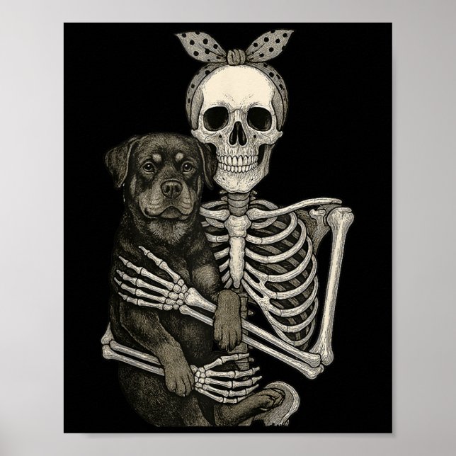 Poster Skeleton Segurando Rottweiler Cachorro Engraçado M (Frente)