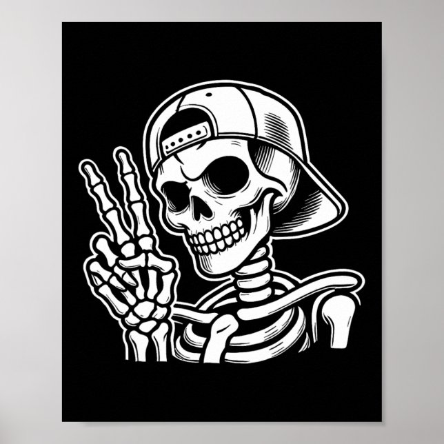 Poster Skeleton Sinal de Paz de Mão Retro Halloween Skele (Frente)