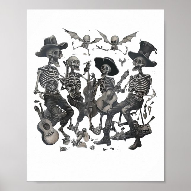 Poster Skeleton Skull Dancing Singing Rock Music Ba (Frente)
