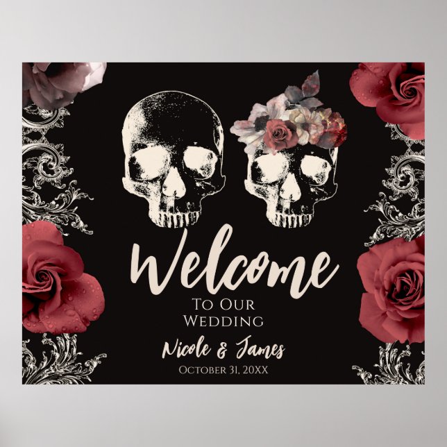 Poster Skeleton Skull Mauve Dusty Rosa Weding Po Bem-vind (Frente)
