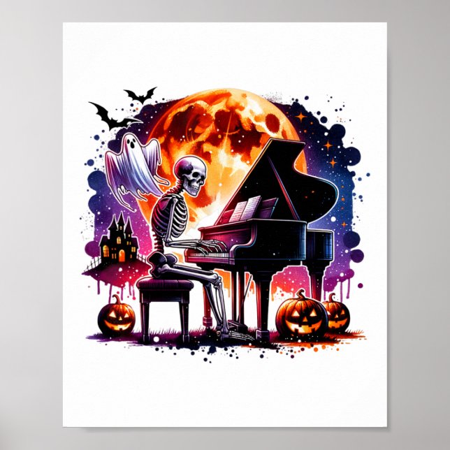 Poster Skeleton Tocando Piano Com Fantasma Creepta Hallow (Frente)