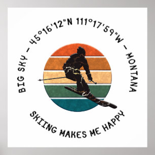Poster Ski Big Sky, Montana - Man Skier, Black Text