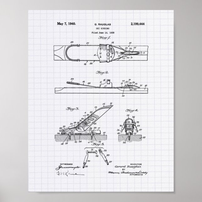 Póster Ski Binding 1940 Patent Art - Lined Peper (Frente)