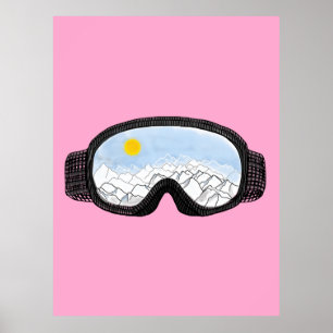 Poster Ski Goggles Mountain View Illustration Pink