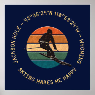 Poster Ski Jackson Hole, Wyoming - Man Skier, Texto Amare