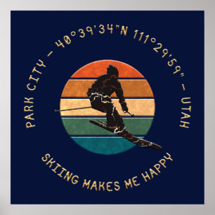 Poster Ski Park City, Utah - Texto de Ouro de Skier Man