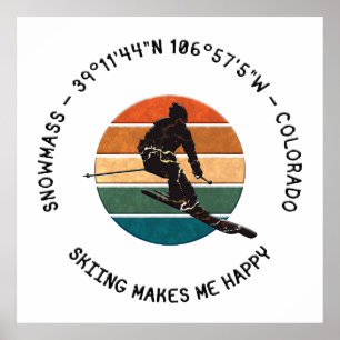 Poster Ski Snowmass, Colorado - Man Skier, Black Text