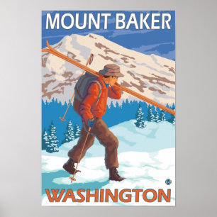 Póster Skier Carregando Snow Skis - Mount Baker, WA