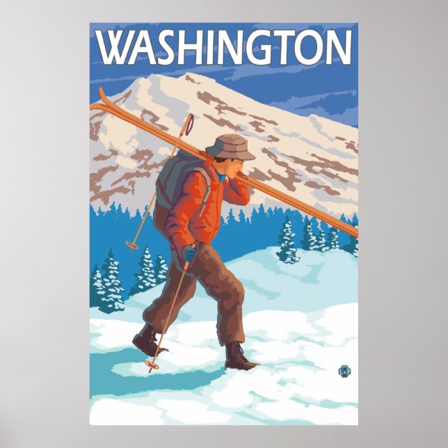 Póster Skier Carregando Snow Skis - Washington (Frente)