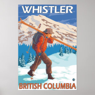 Póster Skier Carregando Snow Skis - Whistler, BC Canadá
