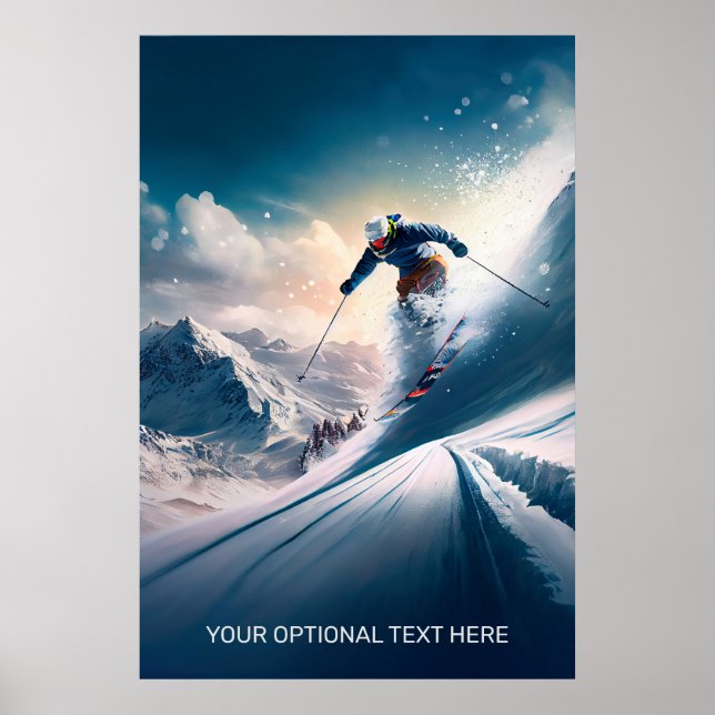 Poster Skier de Montanha de Texto Personalizado (Frente)