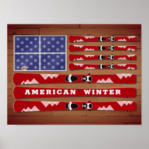 Poster Skis e Snowflakes USA Flag com Wood Wall