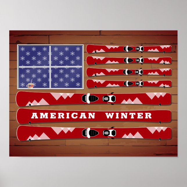 Poster Skis e Snowflakes USA Flag com Wood Wall (Frente)