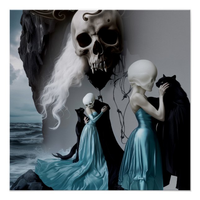 Póster Skull Cat Shadow Work Witchy AI Art Semi Gloss (Frente)