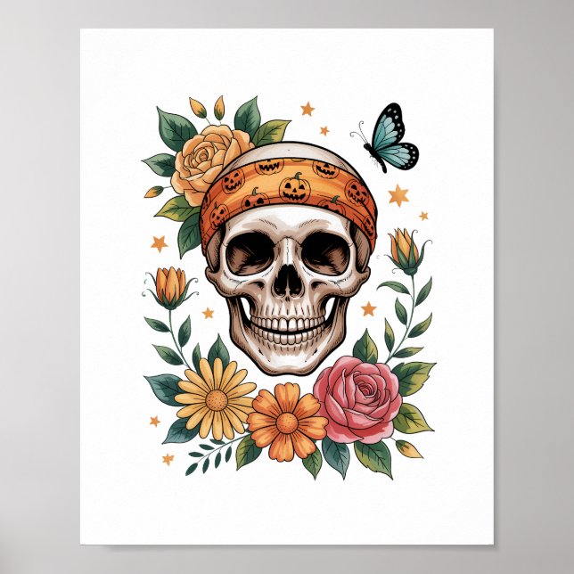 Poster Skull Floral Halloween Spooky (Frente)
