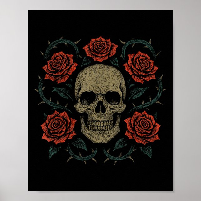 Poster Skull With Roses Gothic Floral Dark Aesthetic Appa (Frente)