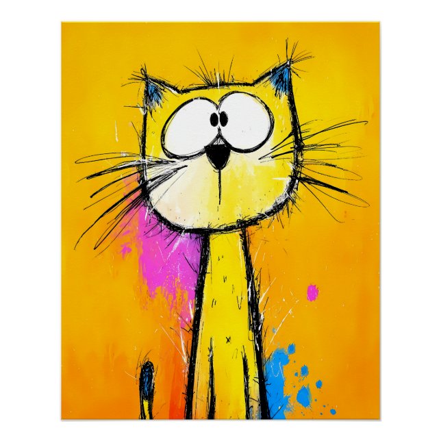 Póster Skurrile, gelbe Katze mit große Augen - Comic Stil (Frente)