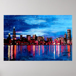 Póster Skyline de Chicago na noite