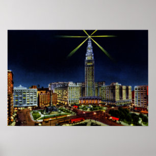 Póster Skyline de Cleveland Ohio na noite