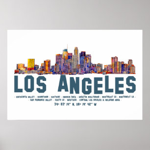 Poster Skyline de Los Angeles. Nomes e coordenadas de áre