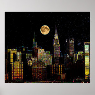 Poster Skyline de New York na noite com Lua cheia