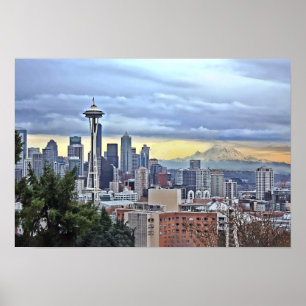 Póster Skyline de Seattle na névoa e na chuva