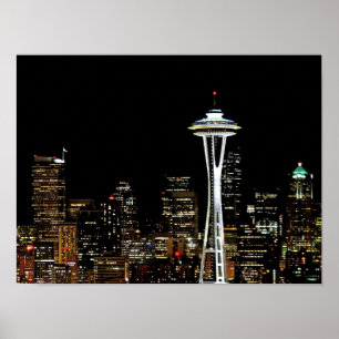 Póster Skyline de Seattle na noite, com agulha do espaço