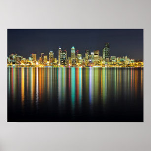 Póster Skyline de Seattle na noite com reflexão